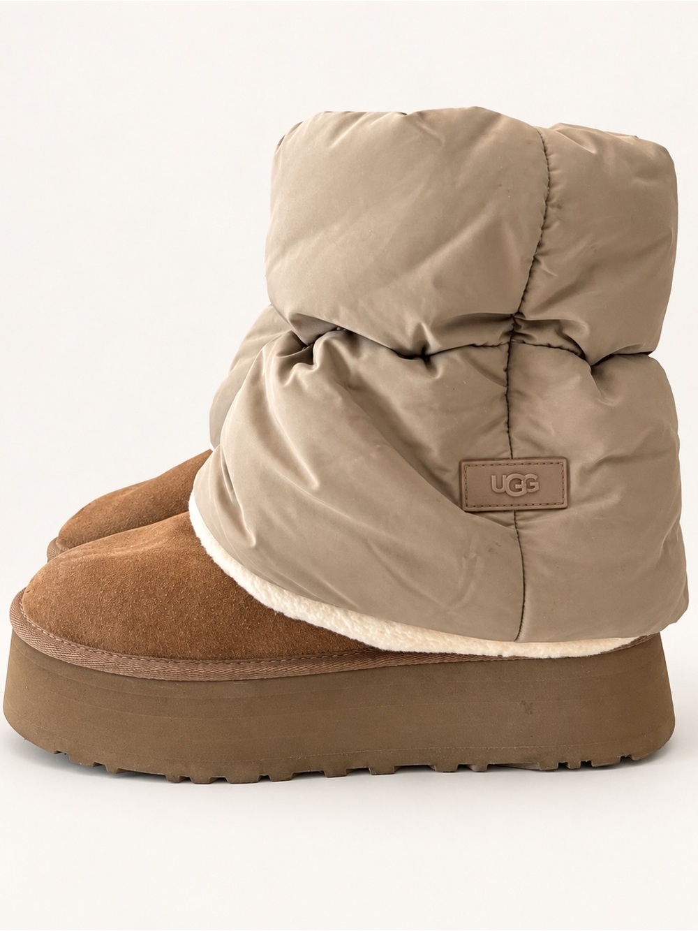 UGG Classic Mini Dipper Puffer platform boots in Amphora/Chestnut, women's size